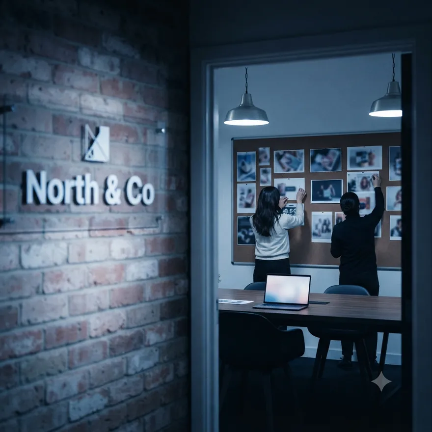 A marketing agency office with a team pinning campaign work to a board in a meeting room