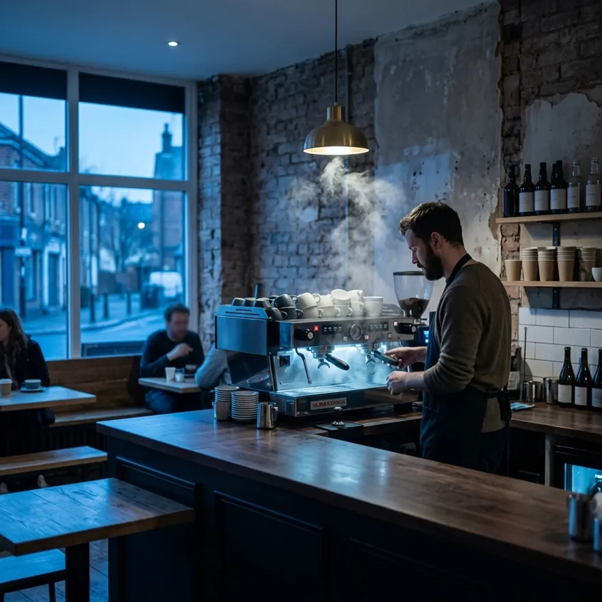 A barista making coffee behind the counter of an independent coffee shop at dusk