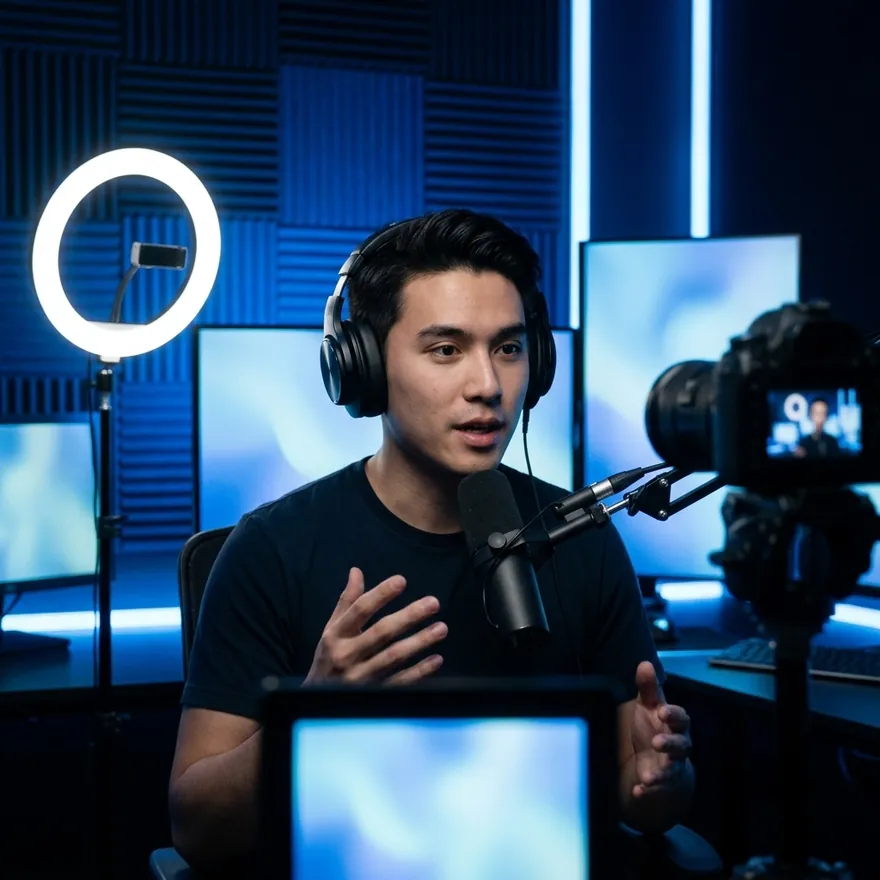 A content creator livestreaming from a home studio setup