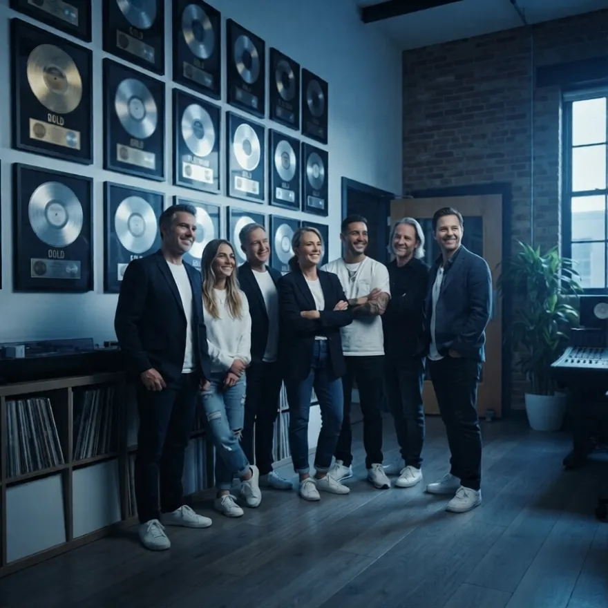 A record label team standing in their office in front of a wall of framed record plaques