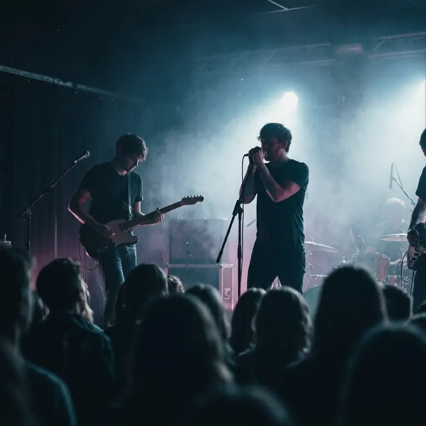 A band performing on stage in front of a crowd at a club