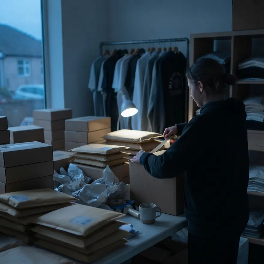 An online brand founder packing a stack of orders in their studio at dusk